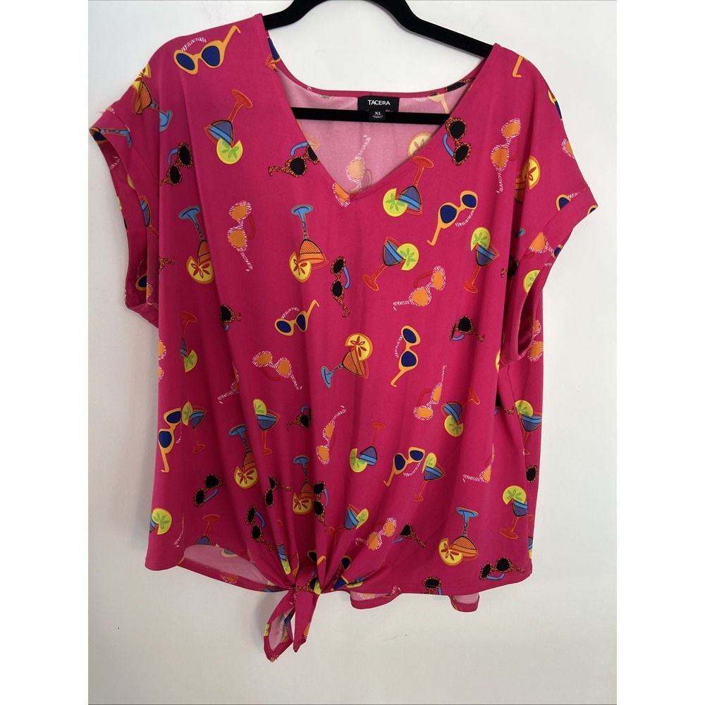 Tacera Top Size EL Short Sleeve Front Tie Pink Margaritas Sunglasses Flirty, Fun
